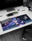 Winking lavender-haired anime girl under lightning on desk pad 36x16 inches, choker gem and jacket.