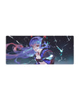 Anime girl mouse pad 28x12 inches with winking lavender-haired heroine and lightning night background.