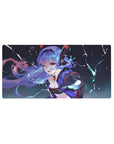 32x16 inches anime girl mouse pad with winking lavender-haired girl, lightning sky, black outfit with red accents.