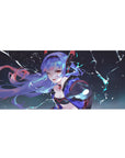 Anime girl desk pad 36x16 inches with lightning backdrop, winking pose, black outfit with red accents.