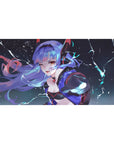 40x20 inches anime girl desk pad with lightning sky, lavender hair, wink, black outfit with red accents.