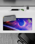 Galaxy-inspired mouse pad with violet, blue, and pink tones, size 28x12 inches, perfect for vibrant desk setups.