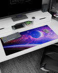 Galaxy themed desk pad 36x16 inches with violet and blue clouds, glowing planet, and soft starry night design.