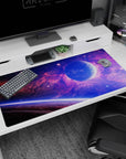 Galaxy themed desk pad with violet and blue clouds, glowing planet, and star details, size 40x20 inches.