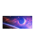 Galaxy themed mouse pad 28x12 inches with purple, blue, and pink clouds blending into starry space scene.