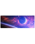 Large 32x12 inch mouse pad with violet and blue galaxy design, featuring stars and a glowing horizon.