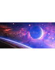 Galaxy themed desk pad 36x16 inches with violet clouds, blue space, glowing horizon, and soothing cosmic design.