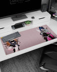 Two anime girls desk pad 36x16 inches: honey-blonde in lace and garters beside cat-ear girl with skull charm.