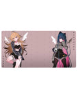 Anime girl mouse pad 32x16 inches with two edgy pastel rebels on blush background and fleur patterns.
