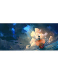Desk pad featuring the Thousand Sunny from One Piece, 36x16 inches, cutting through waves under a vibrant sky, symbolizing the crew’s next adventure.