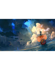 Desk pad featuring the Thousand Sunny from One Piece, 40x20 inches, cutting through waves under an epic sky, capturing the spirit of adventure.