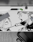 40x20 inches black-and-white anime desk pad, high-contrast inks and fierce mid-shout intensity.