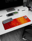 Small but impactful 32x12 desk mat showcases fiery elegance with striking amber and orange artistry