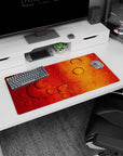 Creative warmth design on 32x16 desk mat brings Amber Flow's vibrant aesthetic to life vividly