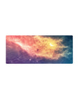 Galaxy nebula desk mouse pad 28x12 inches with swirling clouds, soft light bursts, and starry blue edges.