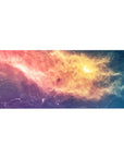 Nebula galaxy desk pad 36x16 inches with swirling clouds, haze, and soft light bursts.