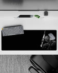 32x12 inches mouse pad with Guts in his Berserker Armor, featuring a minimalist black background and detailed armor, perfect for creating a striking desk setup.