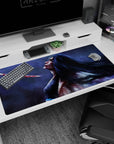 Retsu Unohana from Bleach anime on 40x20 inch desk pad, haunting style with blood trail and serene blues and purples.