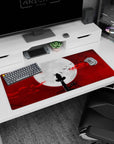 Dark red skies and birds artwork on 36x16 desk pad ideal for fans of eerie beauty in anime