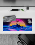 28x12 inches mouse pad with a neon sunset, wireframe landscape, and vibrant retro-futuristic design in pink and blue.