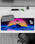 32x12 inches mouse pad with a futuristic neon sunset, pink and blue wireframe landscape, and a retro-futuristic vibe.