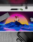 40x20 inches desk pad with a neon sunset and wireframe landscape in pink and blue, capturing retro-futuristic vaporwave aesthetics.