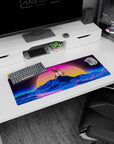 Artistic 32x12 inches mouse pad with neon pink and blue hues, featuring a wireframe landscape and a massive neon sun.