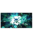 Mouse pad featuring the Straw Hat Pirates' Jolly Roger from One Piece, 32x16 inches, with vibrant floral patterns and splashes of blue and green.
