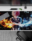 Dynamic 40x20 desk pad showcases Shoto's dual quirk with striking fire-and-ice contrast for anime fans