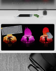 Anime mouse pad 32x16 inches featuring Denji, Power, and Makima with vivid colors and a Japanese forest backdrop.