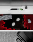 36x16 inches anime desk pad in blood-red and black with gritty ink shading, scratchy texture, late-night vibe.