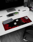Close-up anime character mouse pad 32x12 inches showing glowing white eyes, black uniform collar, red background.