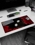 32x16 inches anime mouse pad close-up of a dark-haired figure with glowing white eyes on a red backdrop.