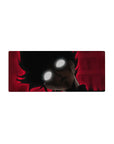 28x12 inches anime mouse pad with spiked black-haired character, glowing eyes, gritty ink shading on red.