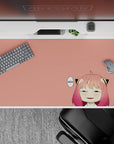 Cozy cheeky anime desk pad 40x20 inches in peach with pink-to-rose hair and sleepy eyes.