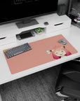 Close-up anime girl face mouse pad 32x16 inches, sleepy eyes, blush marks, and black cat-ear hair clips.