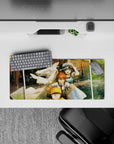 Anime mouse pad 28x12 inches in warm sunset golds with gritty city tones and crisp blue eyes for a cinematic mood.