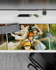 Sunset gold and gritty blues anime desk pad 36x16 inches, cinematic chaos vibe with sharp clean print.
