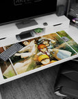 Steins;Gate desk pad 40x20 inches showing Okabe and Kurisu mid-chaos with lab coats and sharp print.
