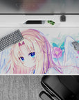 40x20 inches pastel desk pad in soft skies and blush pink florals, dreamy kawaii anime vibe.
