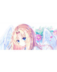 36x16 inches anime girl desk pad with blonde angel, sapphire eyes, white wings, and pink blossoms.