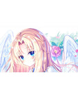 40x20 inches anime girl desk pad with blonde angel, sapphire eyes, white wings, and pink blossoms.
