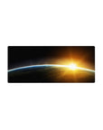 Cosmic horizon desk mouse pad 28x12 inches with midnight-to-gray fade and blue rim, sunrise glow.