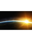 Cosmic horizon desk pad, 40x20 inches, with curved blue rim and sunrise glow on dark space gradient.