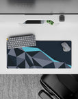 Compact 28x12 desk mat highlights gray and blue gradients and geometric precision for immersive focus and style