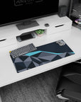 Dynamic Geometric Gray & Blue artwork on 28x12 desk mat perfect for celebrating sleek professionalism and modern design