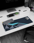 Small but impactful 32x12 desk mat showcases modern elegance with striking gray and blue geometric artistry