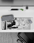 32x12 inches black-and-white anime maid mouse pad with crisp linework and playful chaotic-cute vibe.
