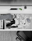 36x16 inches black-and-white line art desk pad with crisp cute-chaotic maid vibe and smooth glide.