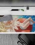 Power from Chainsaw Man in white bikini on turquoise water, 36x16 inches desk pad. Playful summer vibes for anime fans.
